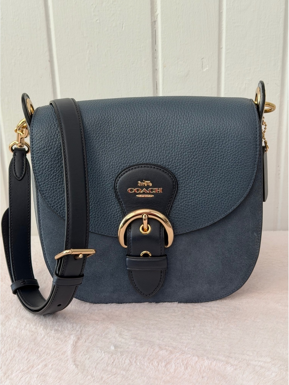 Coach New York Navy Blue Leather and Suede Crossbody Bag with Gold Hardware